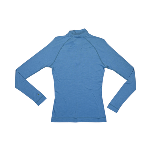 Back of a solid medium blue Smartwool quarter-zip top laid flat.
