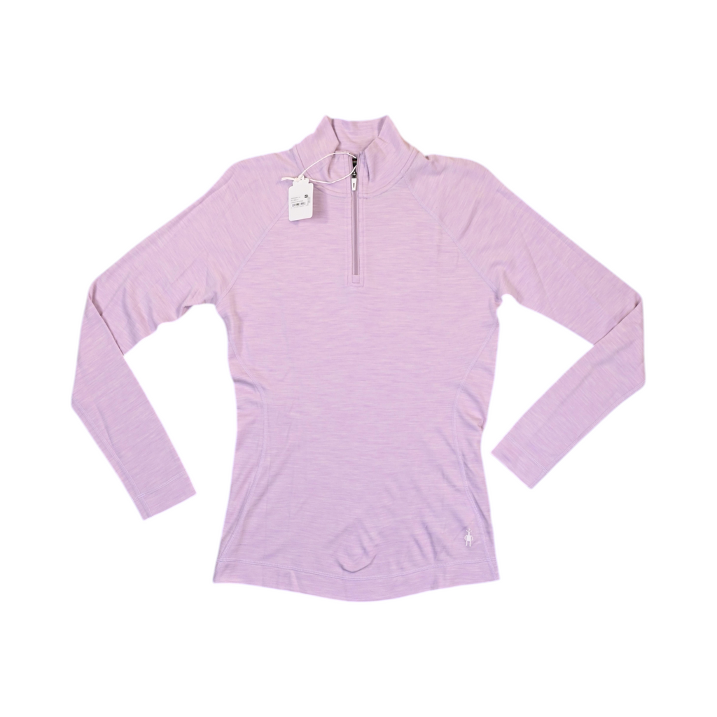Heathered lavender Smartwool quarter-zip top laid flat, showing the collar and zip.