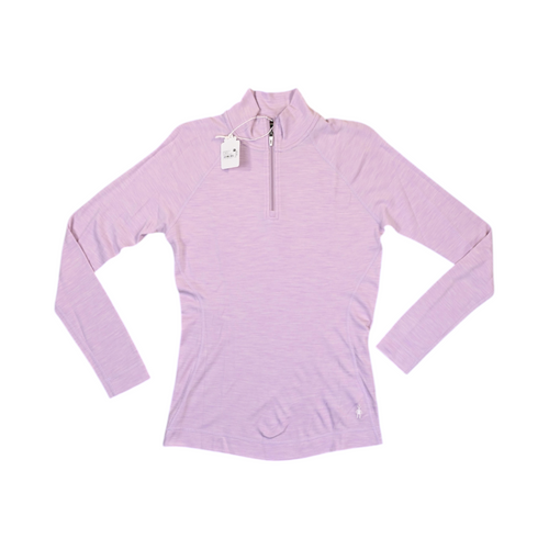 Heathered lavender Smartwool quarter-zip top laid flat, showing the collar and zip.