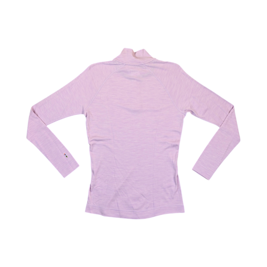Back of a heathered lavender Smartwool quarter-zip top laid flat.