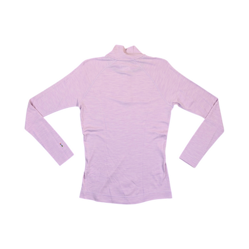 Back of a heathered lavender Smartwool quarter-zip top laid flat.