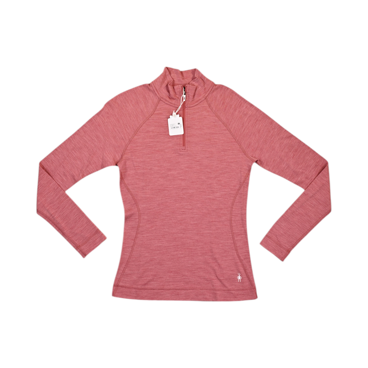 Heathered rose-pink Smartwool quarter-zip top laid flat, showing the collar and zip.