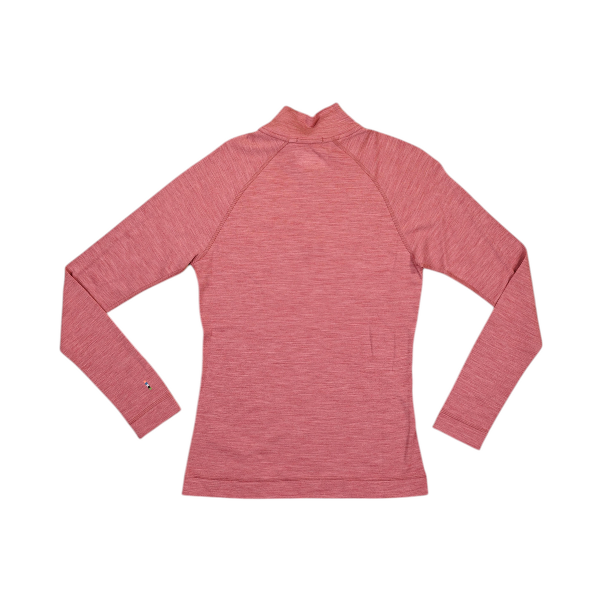 Back of a heathered rose-pink Smartwool quarter-zip top laid flat.