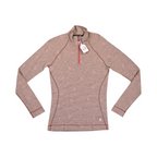 Tan floral houndstooth print Smartwool quarter-zip top laid flat.