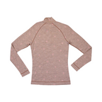 Detail view of a tan floral houndstooth print Smartwool quarter-zip top.