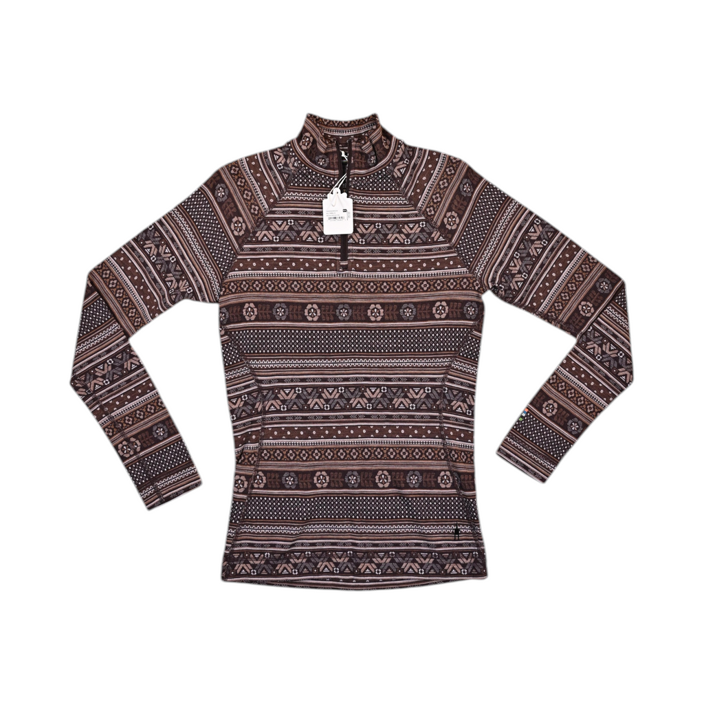 Brown fair-isle mountain-scape print Smartwool quarter-zip top laid flat.