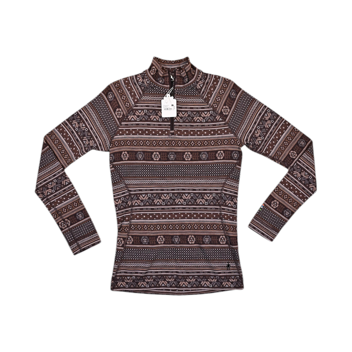 Brown fair-isle mountain-scape print Smartwool quarter-zip top laid flat.