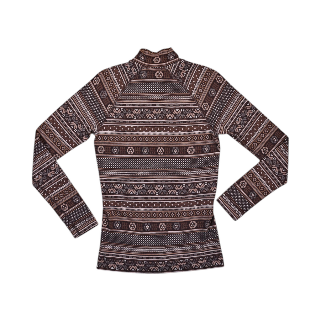 Detail view of a brown fair-isle mountain-scape print Smartwool quarter-zip top.