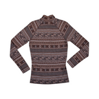 Detail view of a brown fair-isle mountain-scape print Smartwool quarter-zip top.
