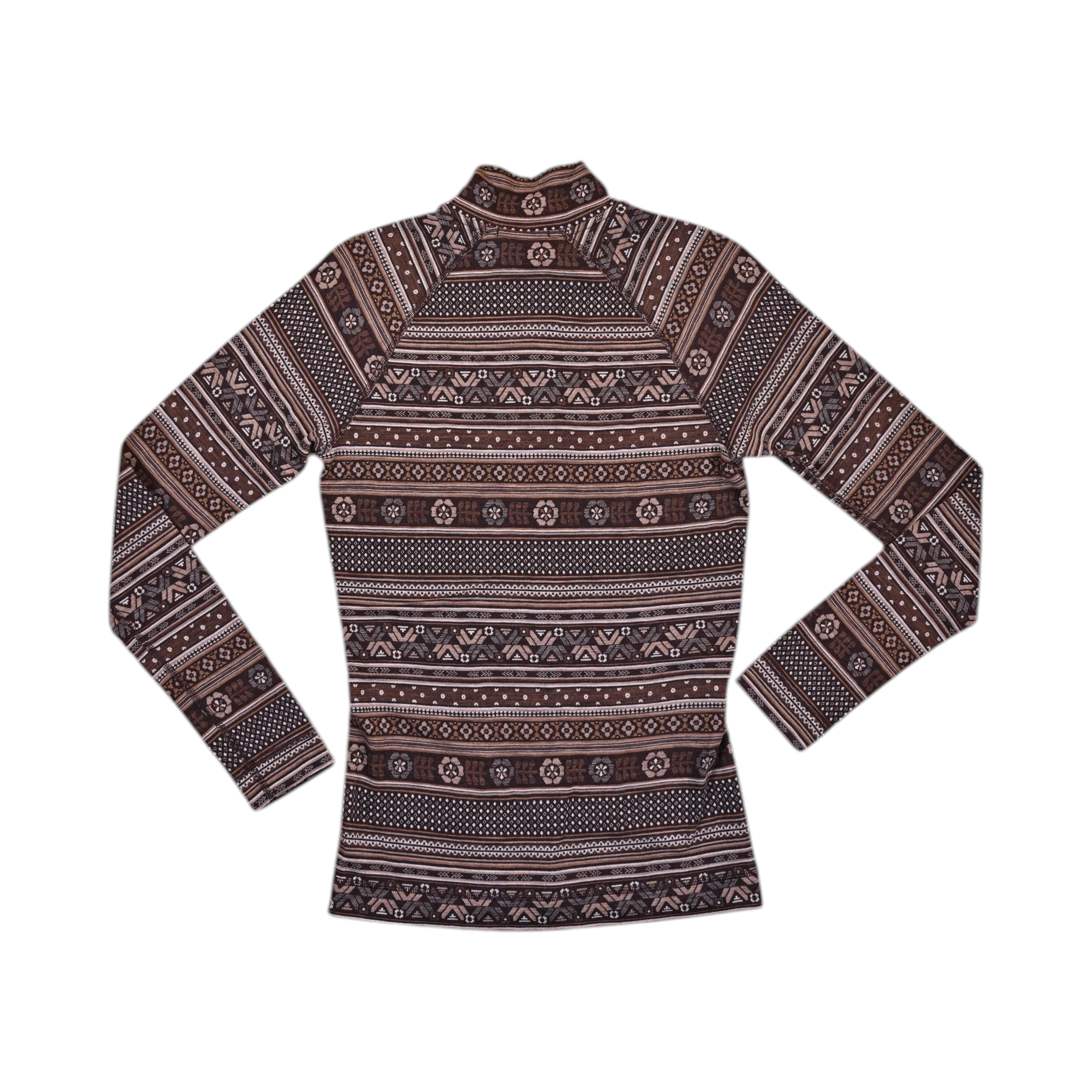Detail view of a brown fair-isle mountain-scape print Smartwool quarter-zip top.