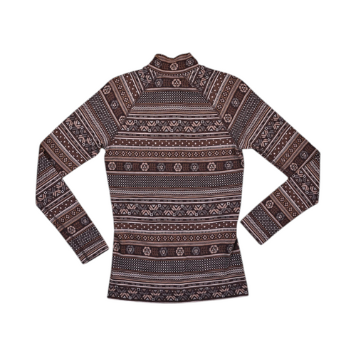 Detail view of a brown fair-isle mountain-scape print Smartwool quarter-zip top.