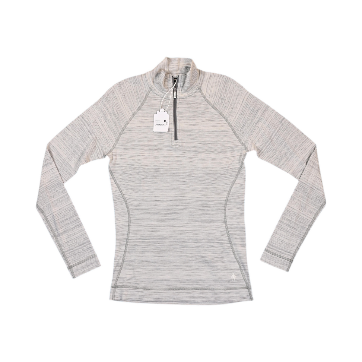 Light grey space-dye heather Smartwool quarter-zip top laid flat.