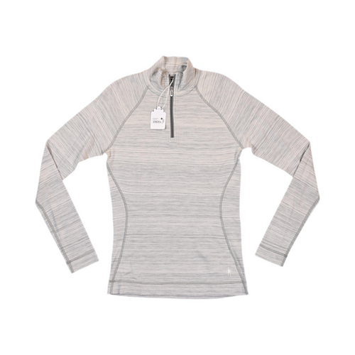 Light grey space-dye heather Smartwool quarter-zip top laid flat.