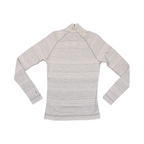 Back of a light grey space-dye heather Smartwool quarter-zip top laid flat.