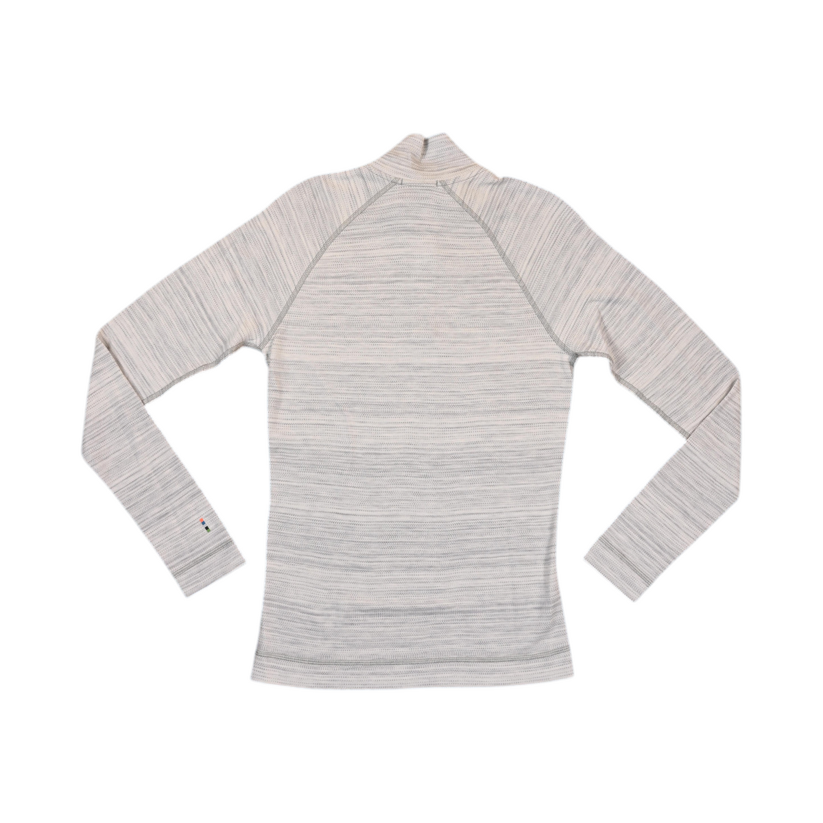 Back of a light grey space-dye heather Smartwool quarter-zip top laid flat.