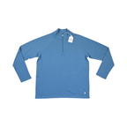 Solid medium blue Smartwool quarter-zip top laid flat, plus size.