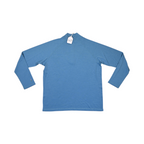 Back of a solid medium blue Smartwool quarter-zip top laid flat, plus size.