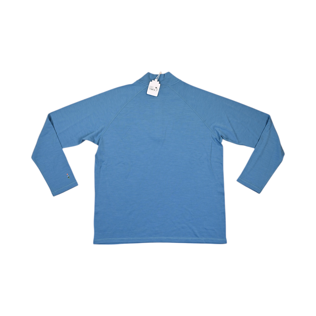 Back of a solid medium blue Smartwool quarter-zip top laid flat, plus size.