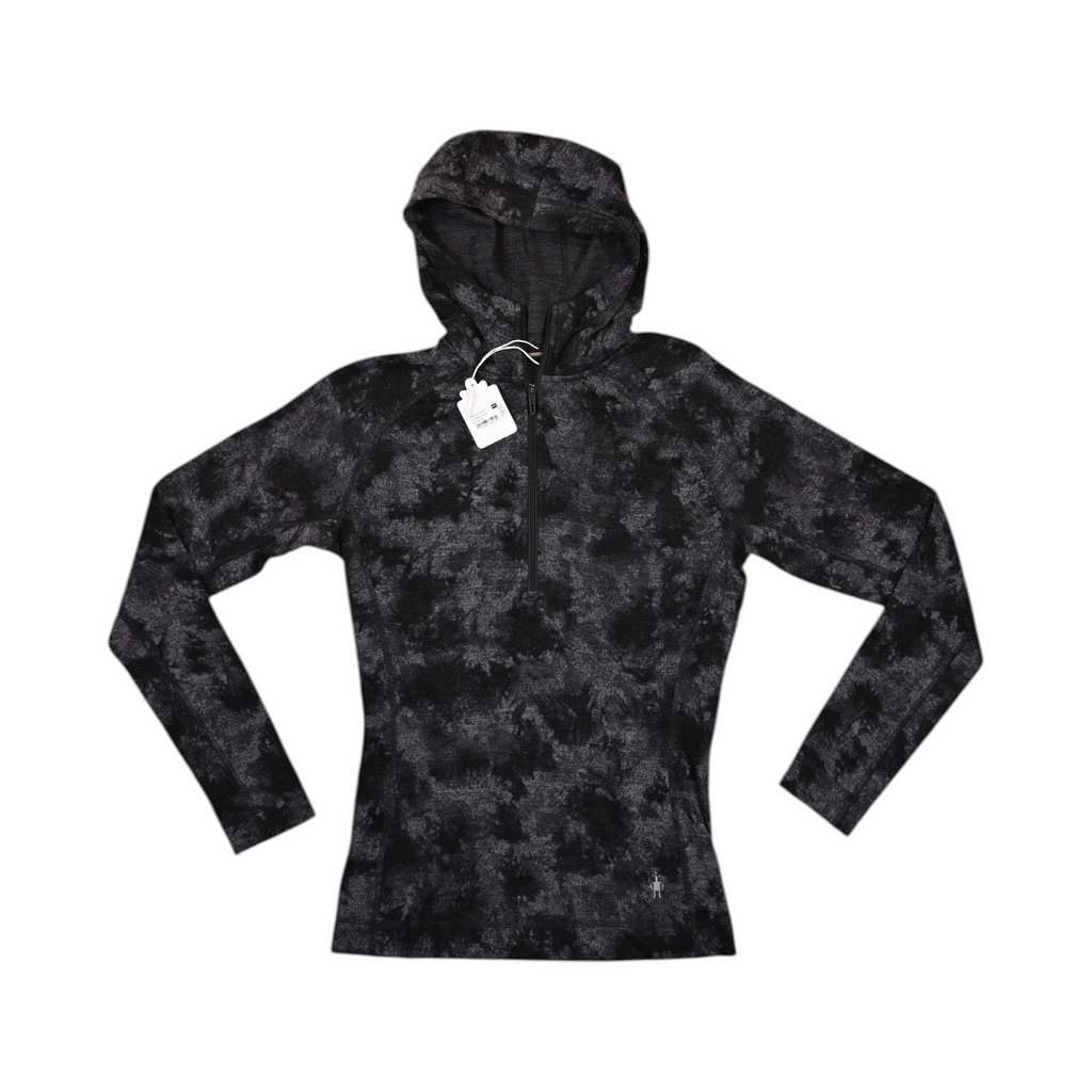 Black and charcoal tonal print Smartwool half-zip hoodie laid flat, showing the hood.