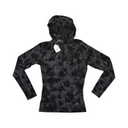 Black and charcoal tonal print Smartwool half-zip hoodie laid flat, showing the hood.