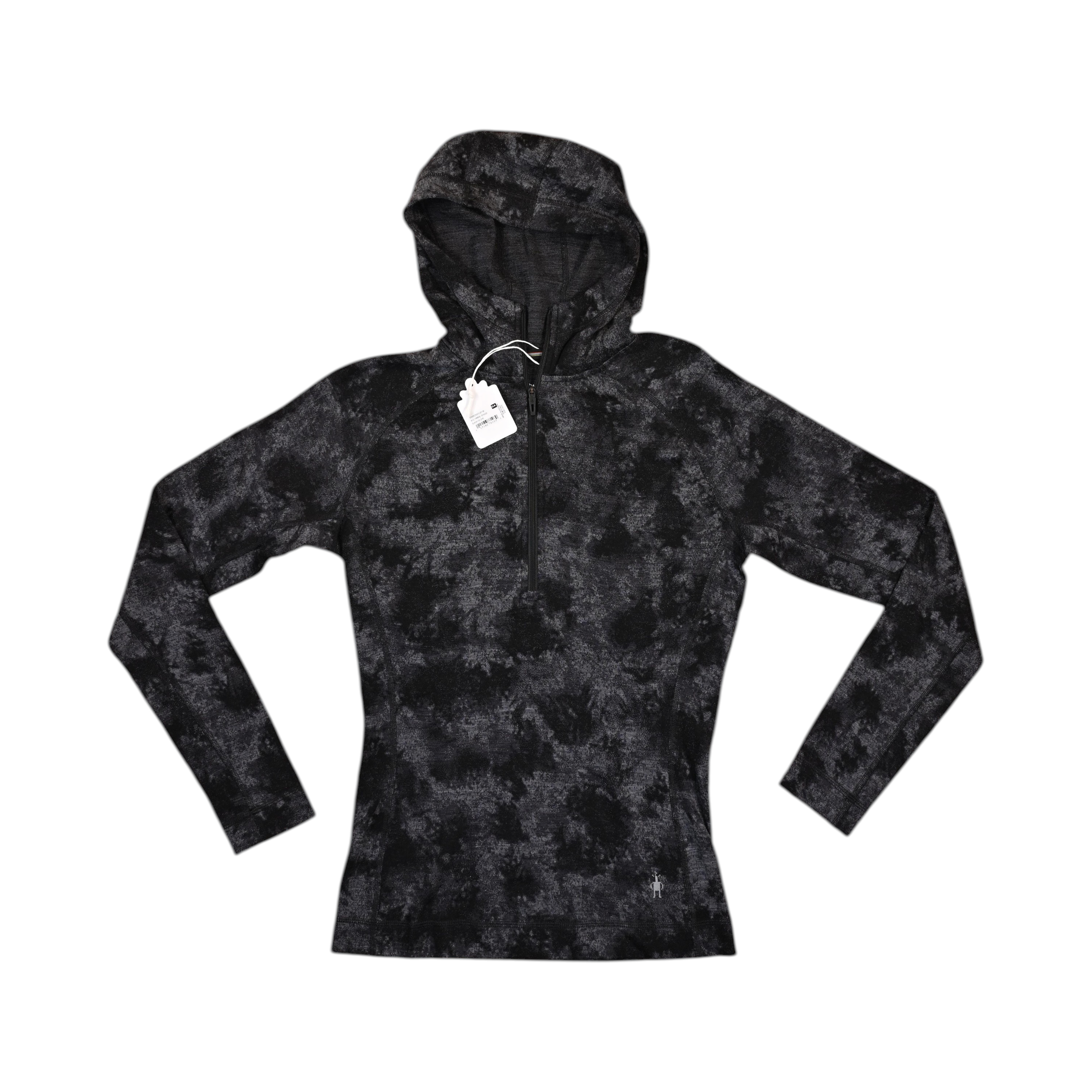 Black and charcoal tonal print Smartwool half-zip hoodie laid flat, showing the hood.