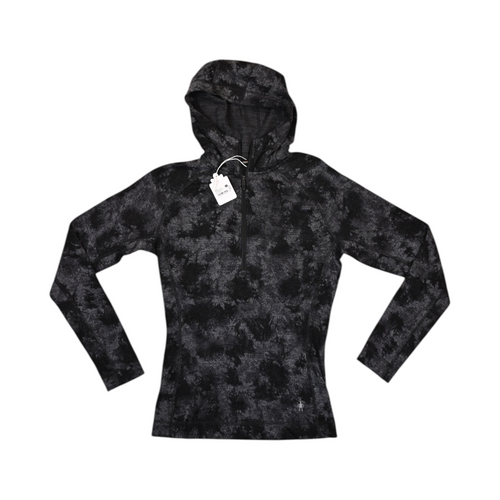 Black and charcoal tonal print Smartwool half-zip hoodie laid flat, showing the hood.