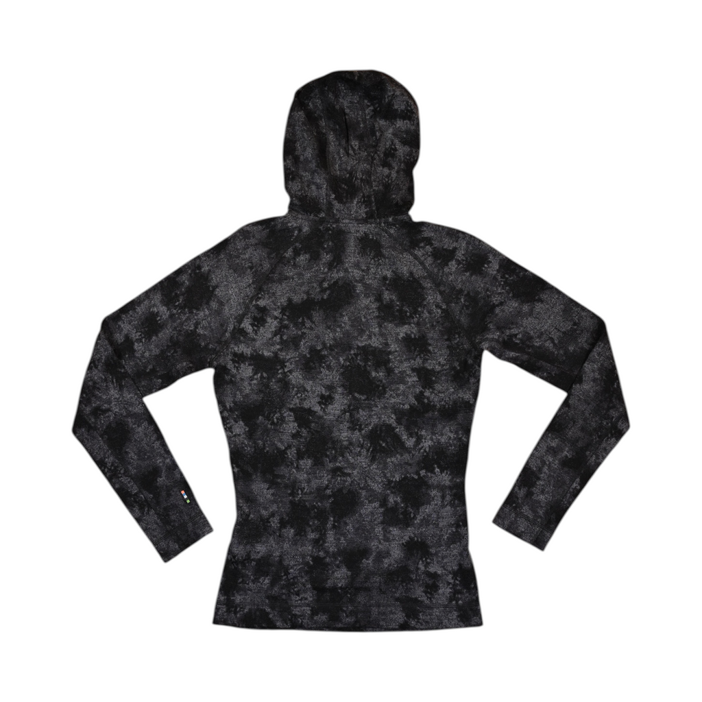 Back of a black and charcoal tonal print Smartwool half-zip hoodie laid flat.