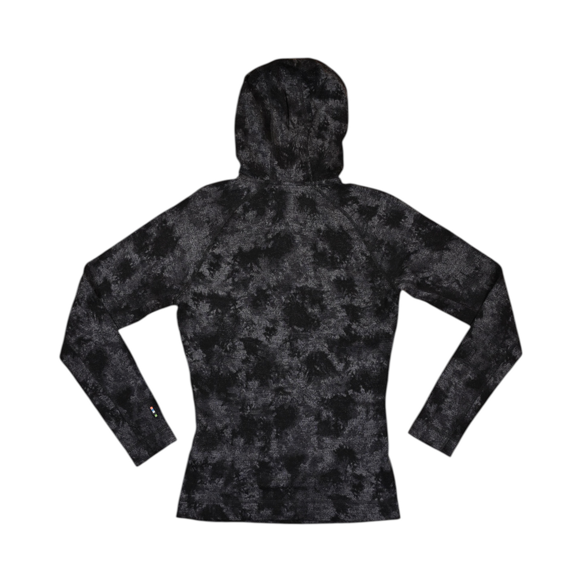 Back of a black and charcoal tonal print Smartwool half-zip hoodie laid flat.