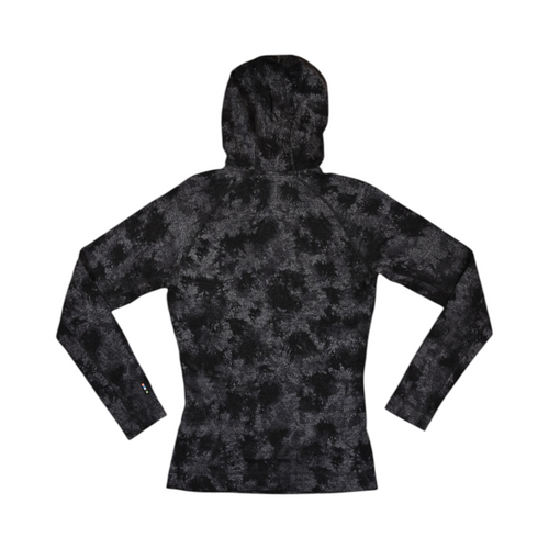 Back of a black and charcoal tonal print Smartwool half-zip hoodie laid flat.