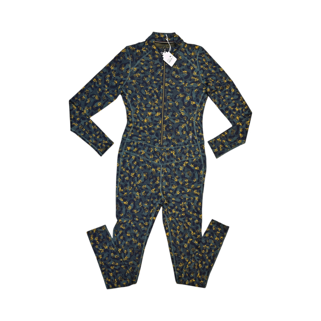 Dark teal wildflower print Smartwool base layer one piece laid flat, showing the front zip.