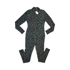 Dark teal wildflower print Smartwool base layer one piece laid flat, showing the front zip.