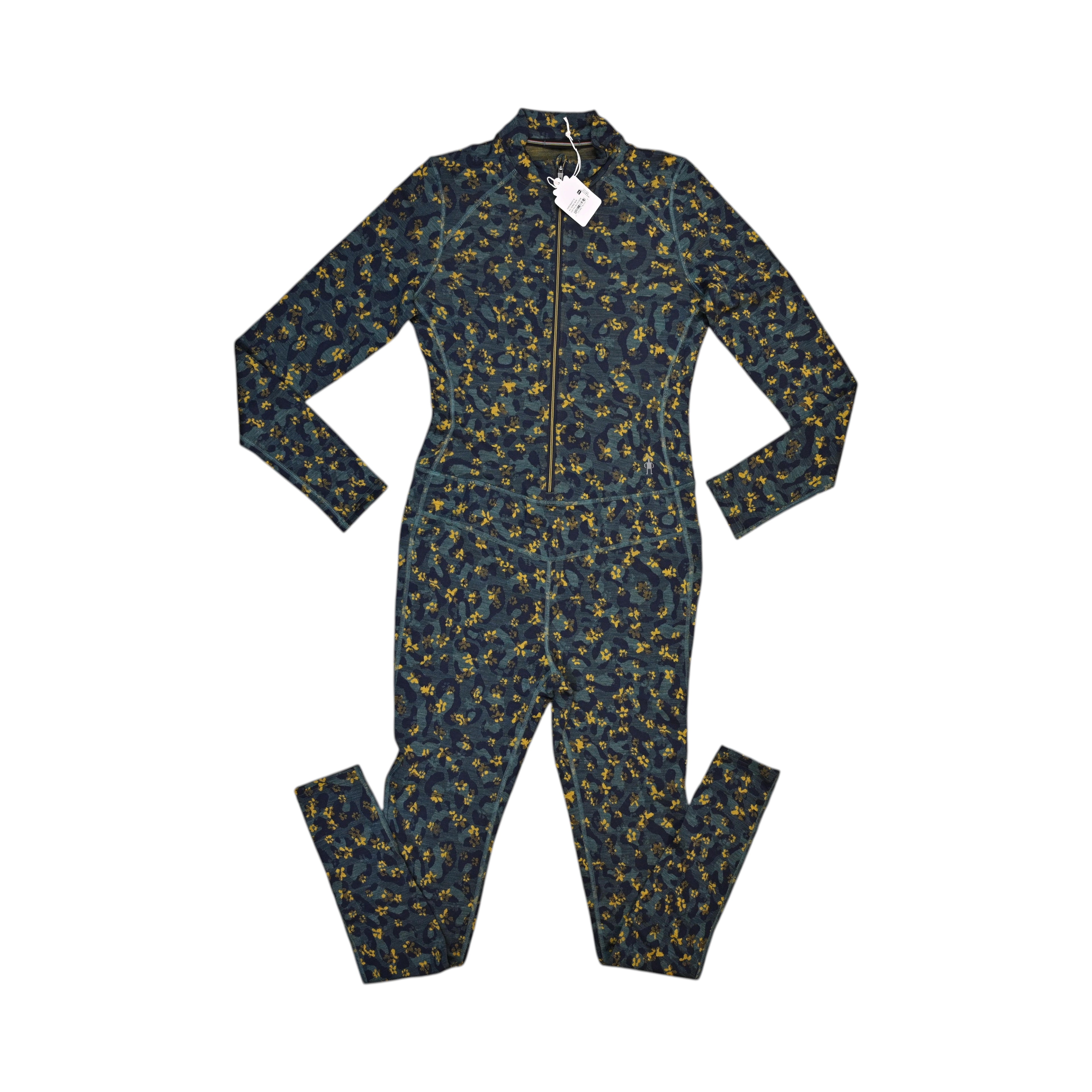 Dark teal wildflower print Smartwool base layer one piece laid flat, showing the front zip.