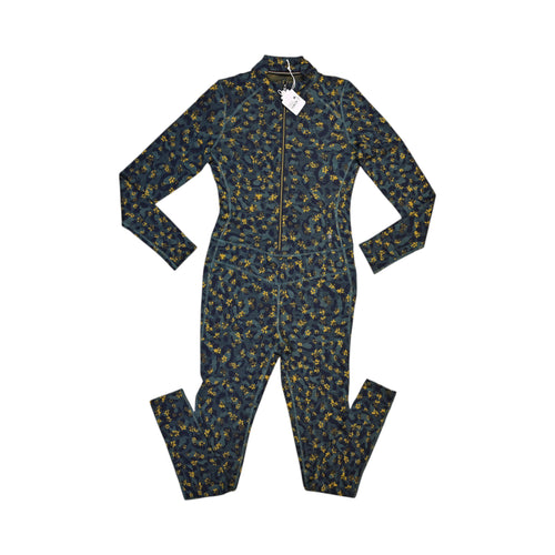 Dark teal wildflower print Smartwool base layer one piece laid flat, showing the front zip.