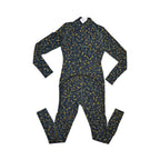Back of a dark teal wildflower print Smartwool base layer one piece laid flat.