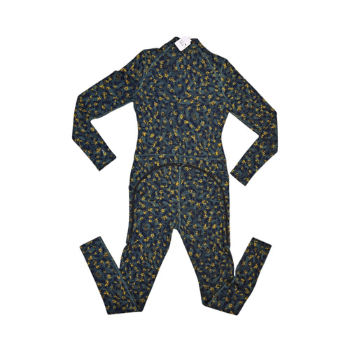 Back of a dark teal wildflower print Smartwool base layer one piece laid flat.