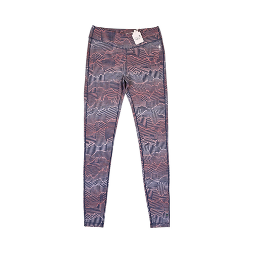 Navy and coral linear mountain-peak print Smartwool base layer leggings laid flat.