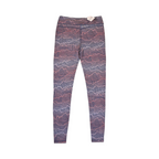 Detail view of navy and coral linear print Smartwool base layer leggings.