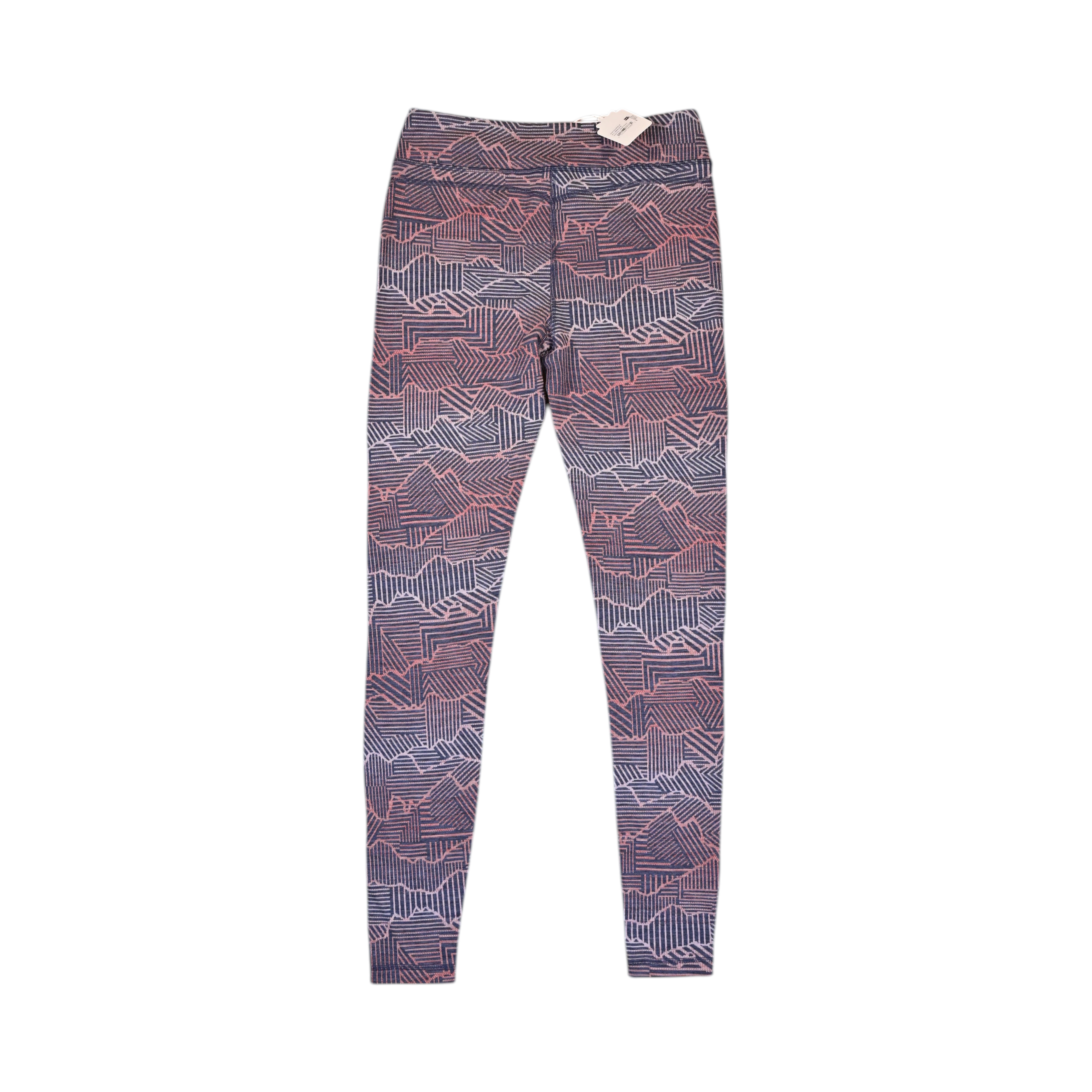 Detail view of navy and coral linear print Smartwool base layer leggings.