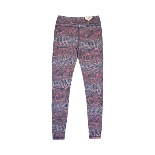 Detail view of navy and coral linear print Smartwool base layer leggings.