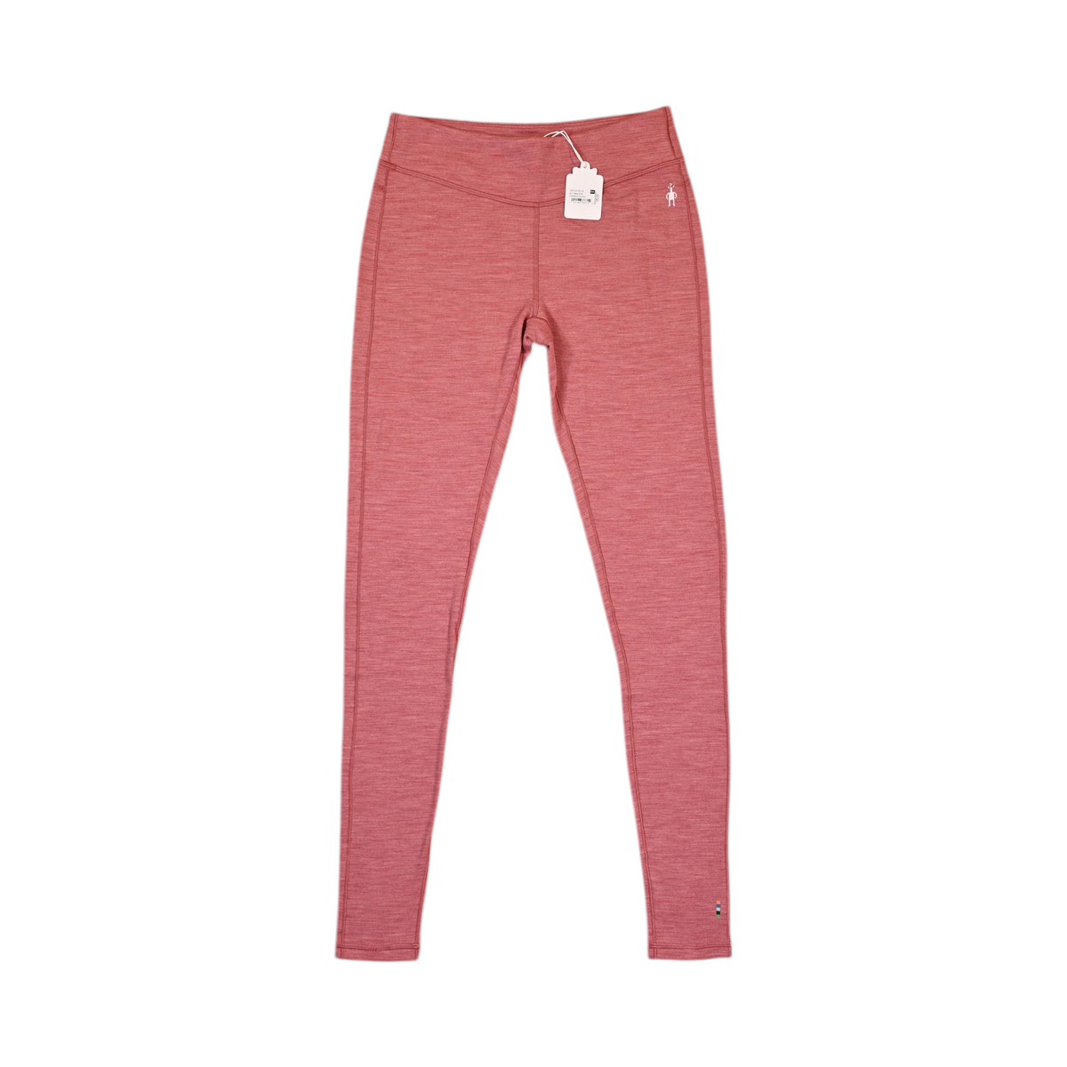 Heathered coral Smartwool base layer leggings laid flat.