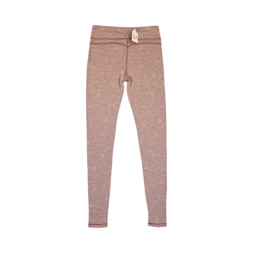 Detail view of tan floral houndstooth print Smartwool base layer leggings.