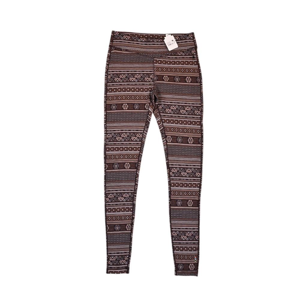 Brown and tan fair-isle print Smartwool base layer leggings laid flat.