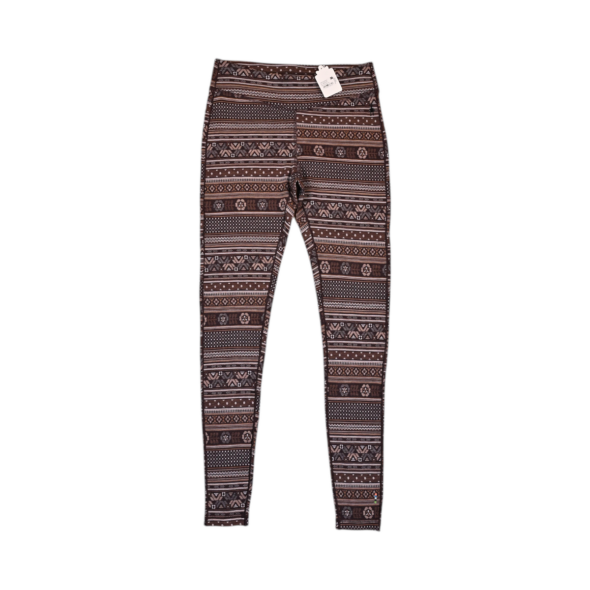 Brown and tan fair-isle print Smartwool base layer leggings laid flat.