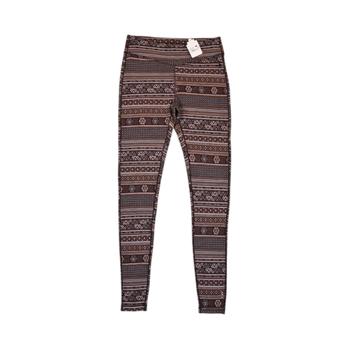 Brown and tan fair-isle print Smartwool base layer leggings laid flat.