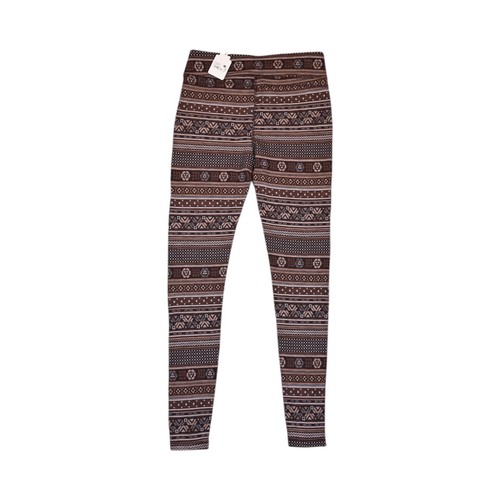 Detail view of brown and tan fair-isle print Smartwool base layer leggings.