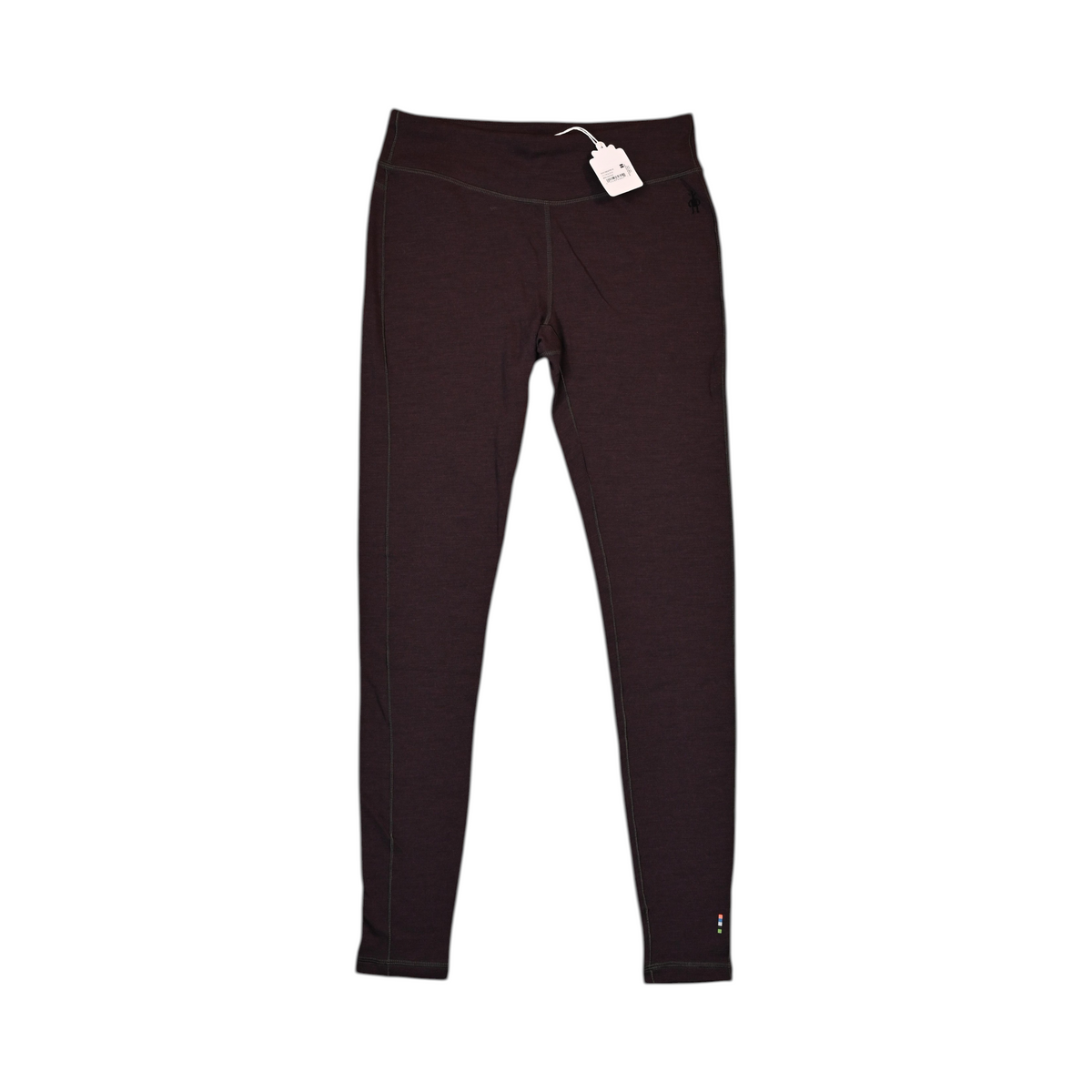 Deep burgundy-brown Smartwool base layer leggings laid flat.