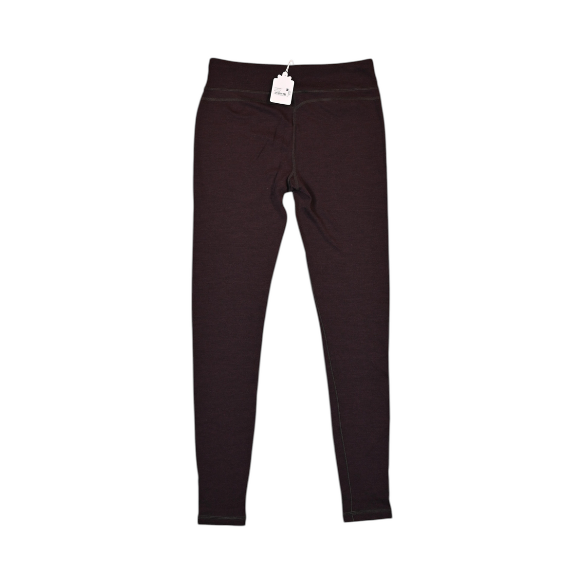 Detail view of deep burgundy-brown Smartwool base layer leggings.