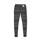 Black and white fair-isle print Smartwool base layer leggings laid flat.