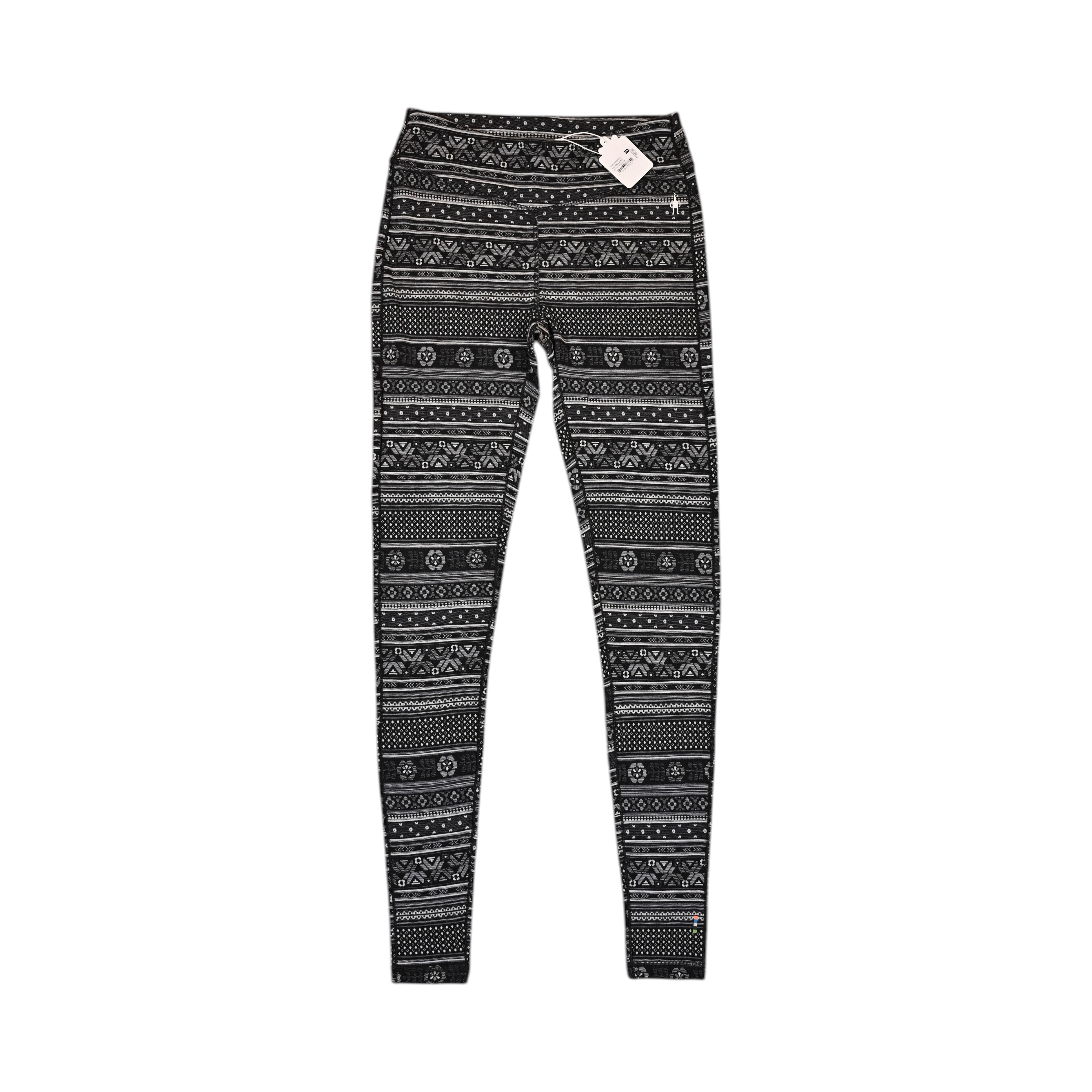 Black and white fair-isle print Smartwool base layer leggings laid flat.