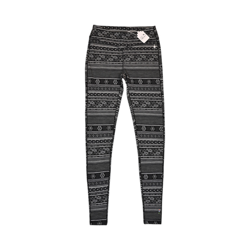 Black and white fair-isle print Smartwool base layer leggings laid flat.